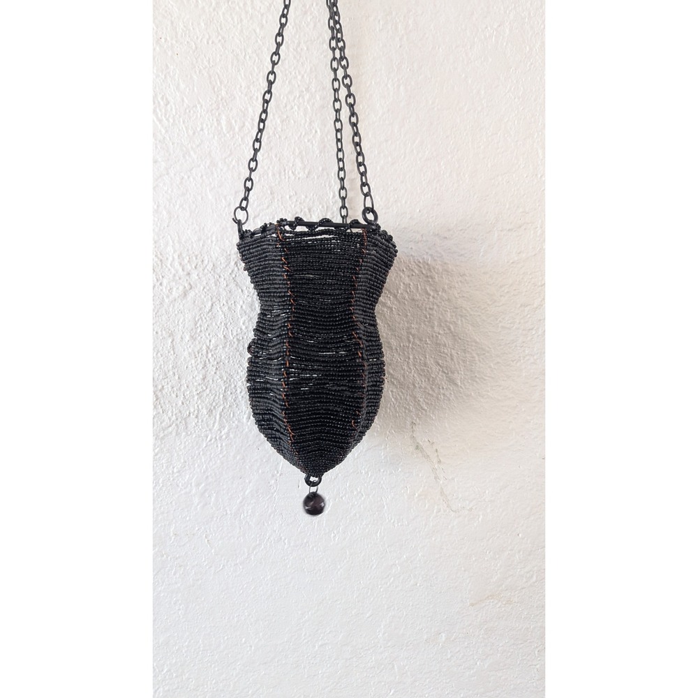 Vintage Black Beaded Hanging Candle Holder Lantern Whimsigoth Goth Decor